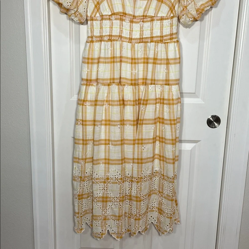 Anthropologie Puff-Sleeve Eyelet Midi Dress Size Large Smocked Plaid Yellow - Picture 7 of 17